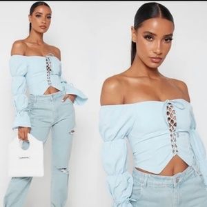 Manière De Voir Powder Blue Lace Up Puff Crop Top
